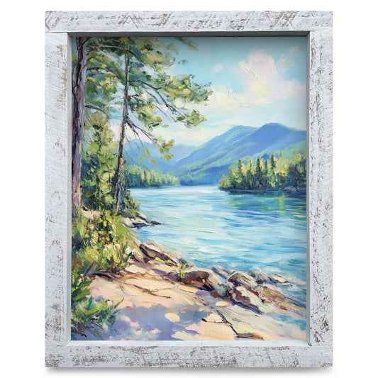 Peaceful Mountain Lakeshore | Real Wood Framed Wall Art Print