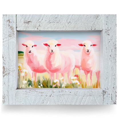 Sweet Pink Lambs | Real Wood Framed Wall Art Print