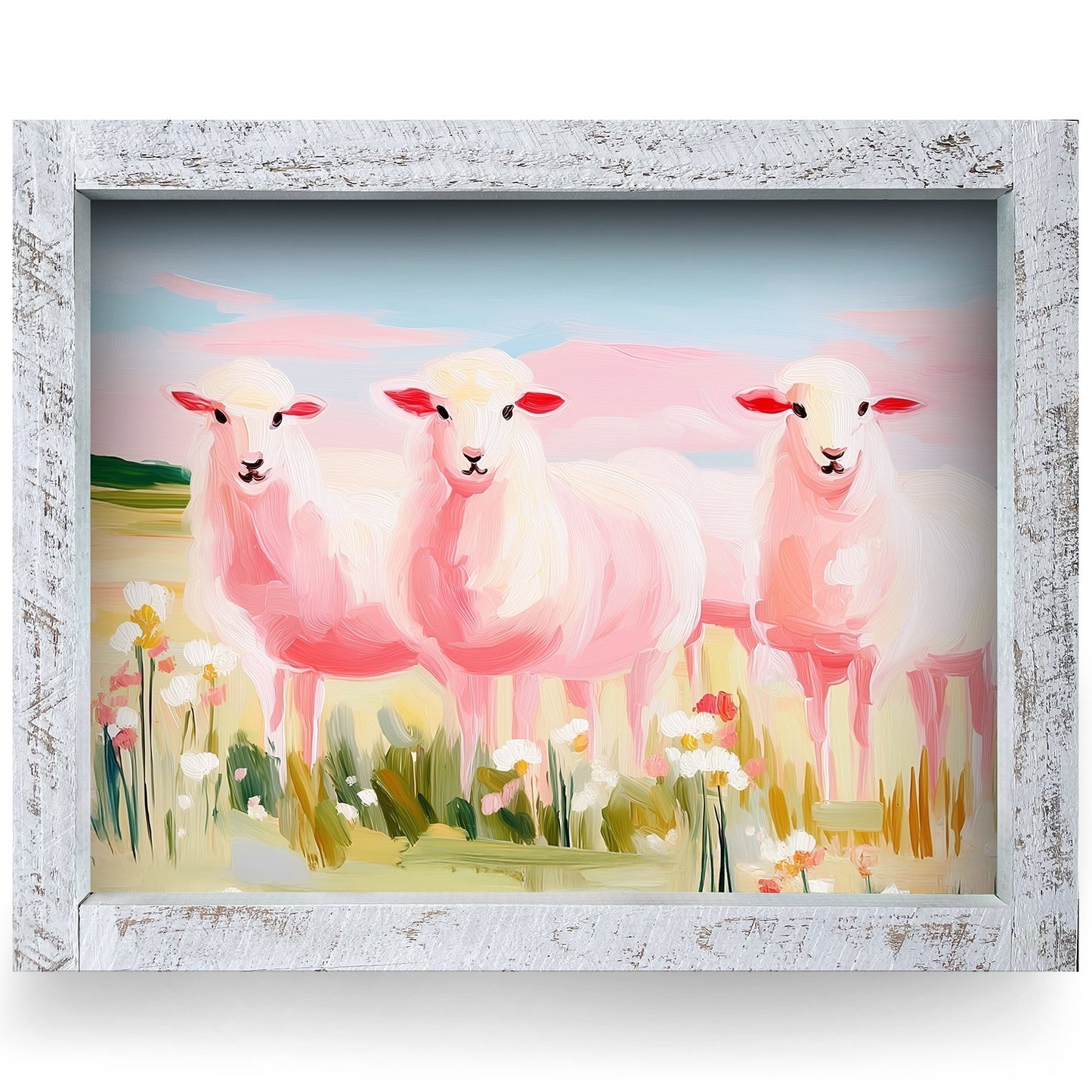 Sweet Pink Lambs | Real Wood Framed Wall Art Print