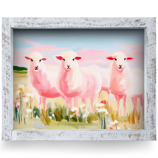 Sweet Pink Lambs | Real Wood Framed Wall Art Print