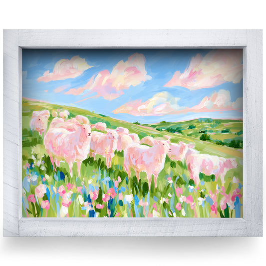 Pink Sheep Meadow real wood framed print, second size