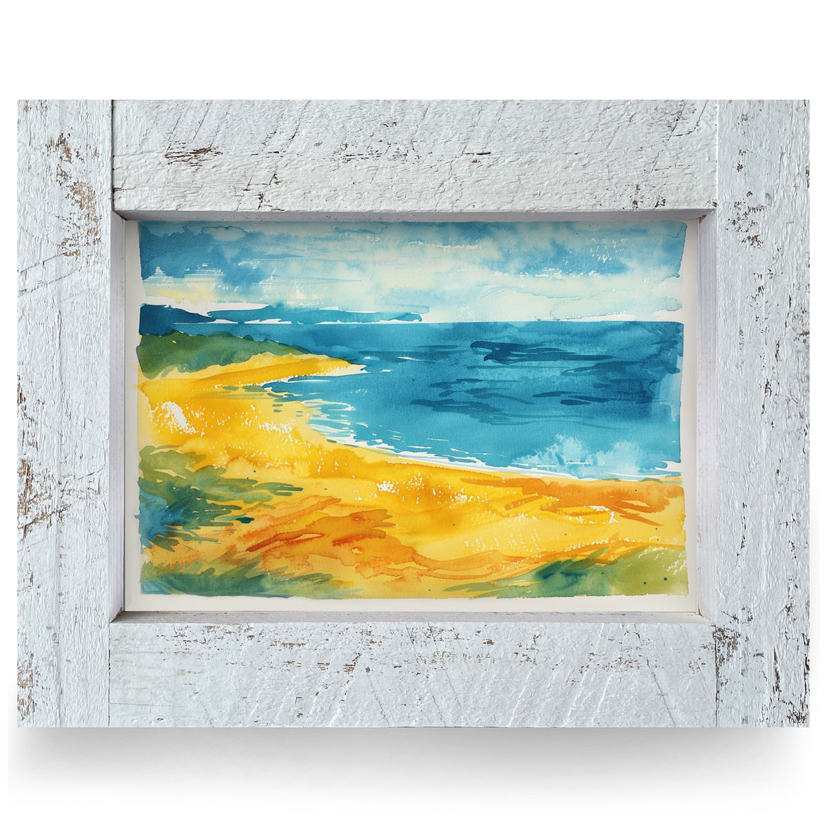 Sunny Watercolor Shoreline | Real Wood Framed Wall Art Print