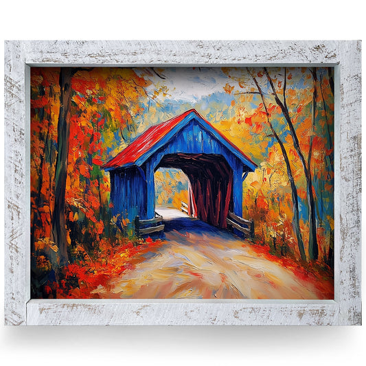 Fall Covered Bridge | Real Wood Framed Wall Art Print