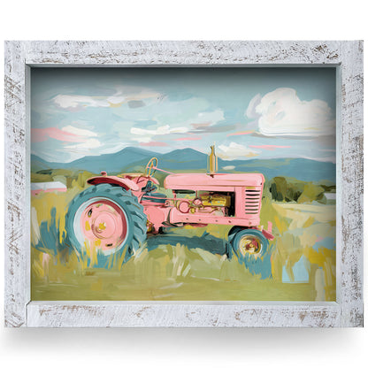 Picturesque Pink Tractor | Real Wood Framed Wall Art Print