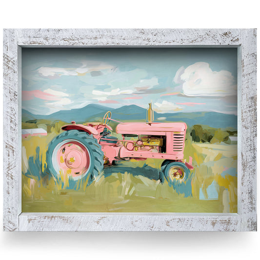 Picturesque Pink Tractor | Real Wood Framed Wall Art Print