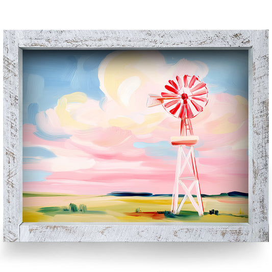Scenic Farm Windmill | Real Wood Framed Wall Art Print | Horizontal