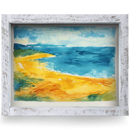 Sunny Watercolor Shoreline | Real Wood Framed Wall Art Print