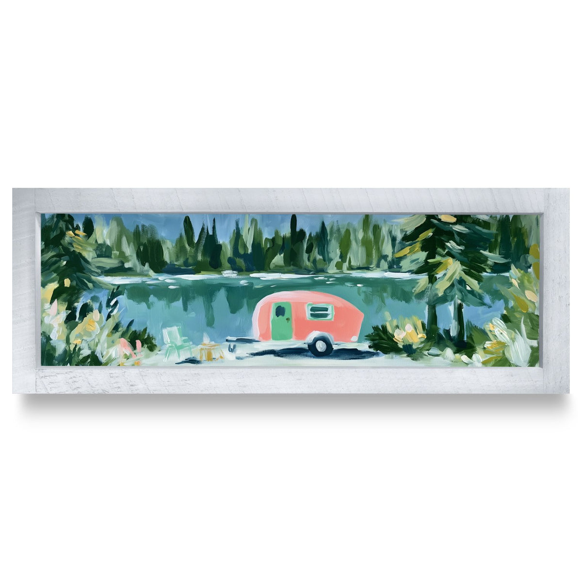 Vintage Camper By The Lake | Real Wood Framed Wall Art Print | Skinny