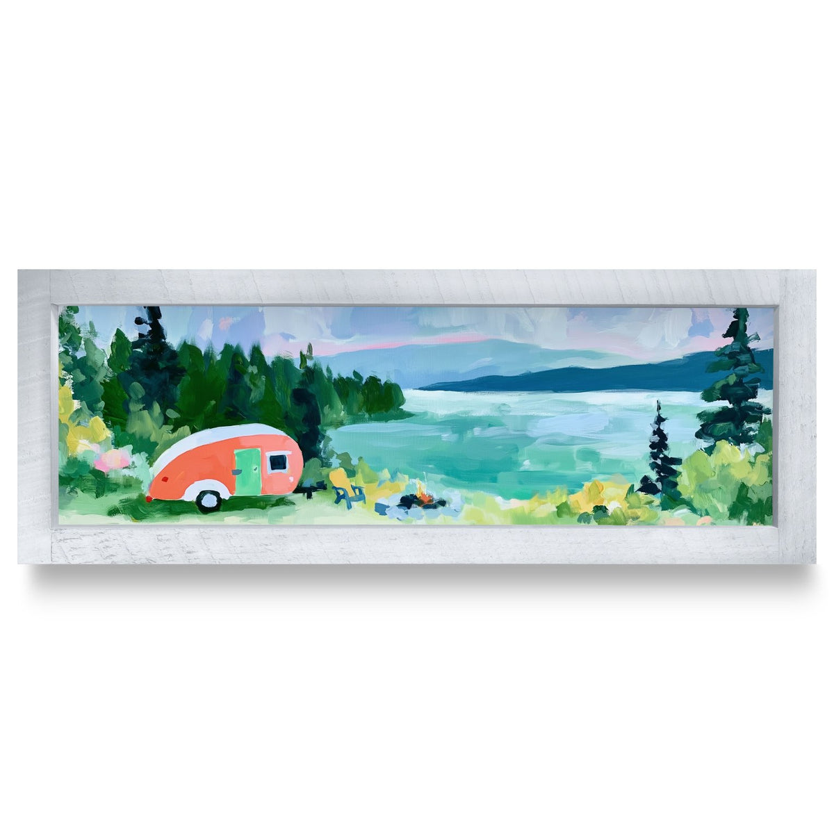Camper Lake Overlook | Real Wood Framed Wall Art Print | Skinny