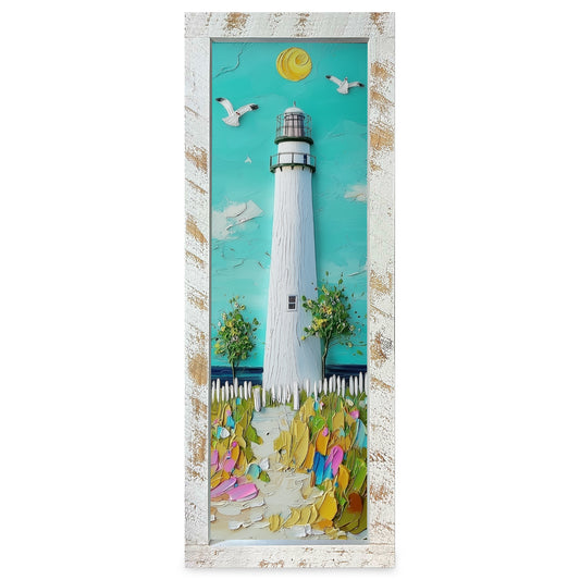 Cute Impasto Lighthouse | Real Wood Framed Wall Art Print | Skinny