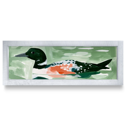 Loon On Green Water | Real Wood Framed Wall Art Print | Skinny