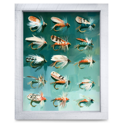 Vintage Fly Fishing Flies | Real Wood Framed Wall Art Print