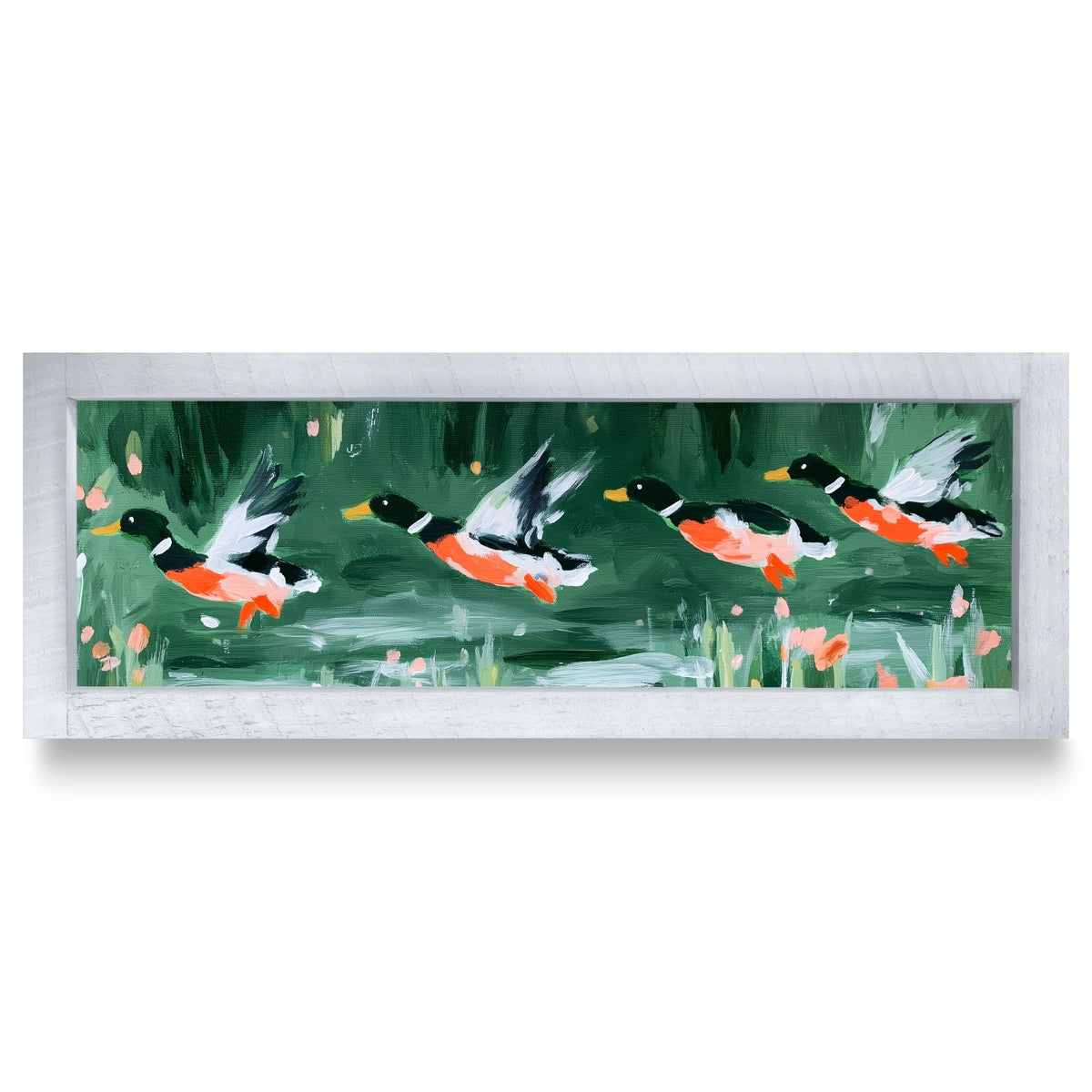 Mallards In Flight | Real Wood Framed Wall Art Print | Skinny