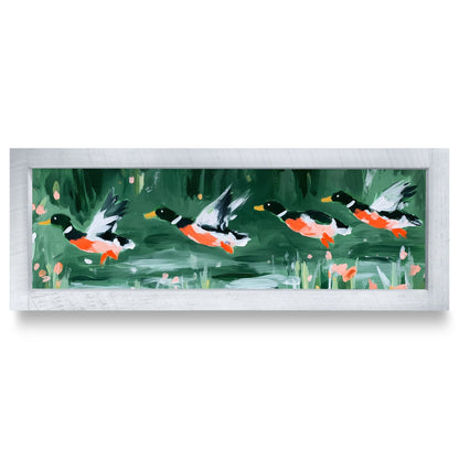 Mallards In Flight | Real Wood Framed Wall Art Print | Skinny