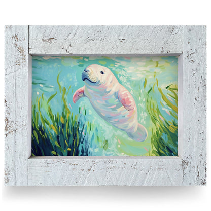 Manatee Seagrass Swim | Real Wood Framed Wall Art Print
