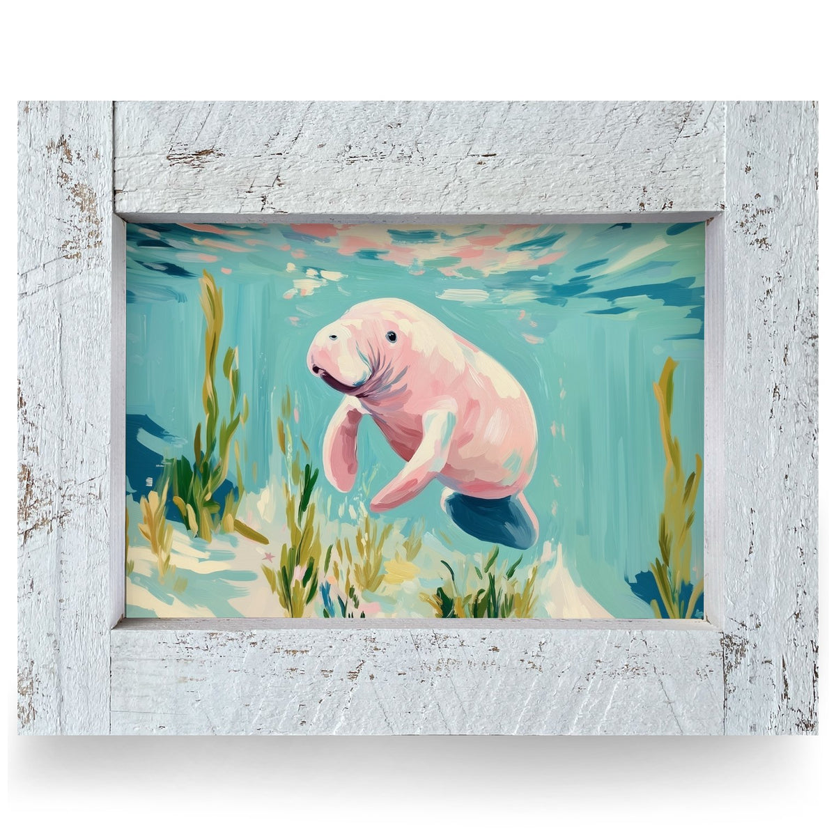 Happy Little Manatee | Real Wood Framed Wall Art Print
