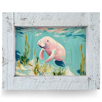 Happy Little Manatee | Real Wood Framed Wall Art Print