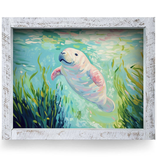 Manatee Seagrass Swim | Real Wood Framed Wall Art Print