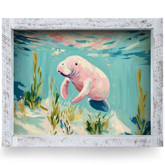 Happy Little Manatee | Real Wood Framed Wall Art Print