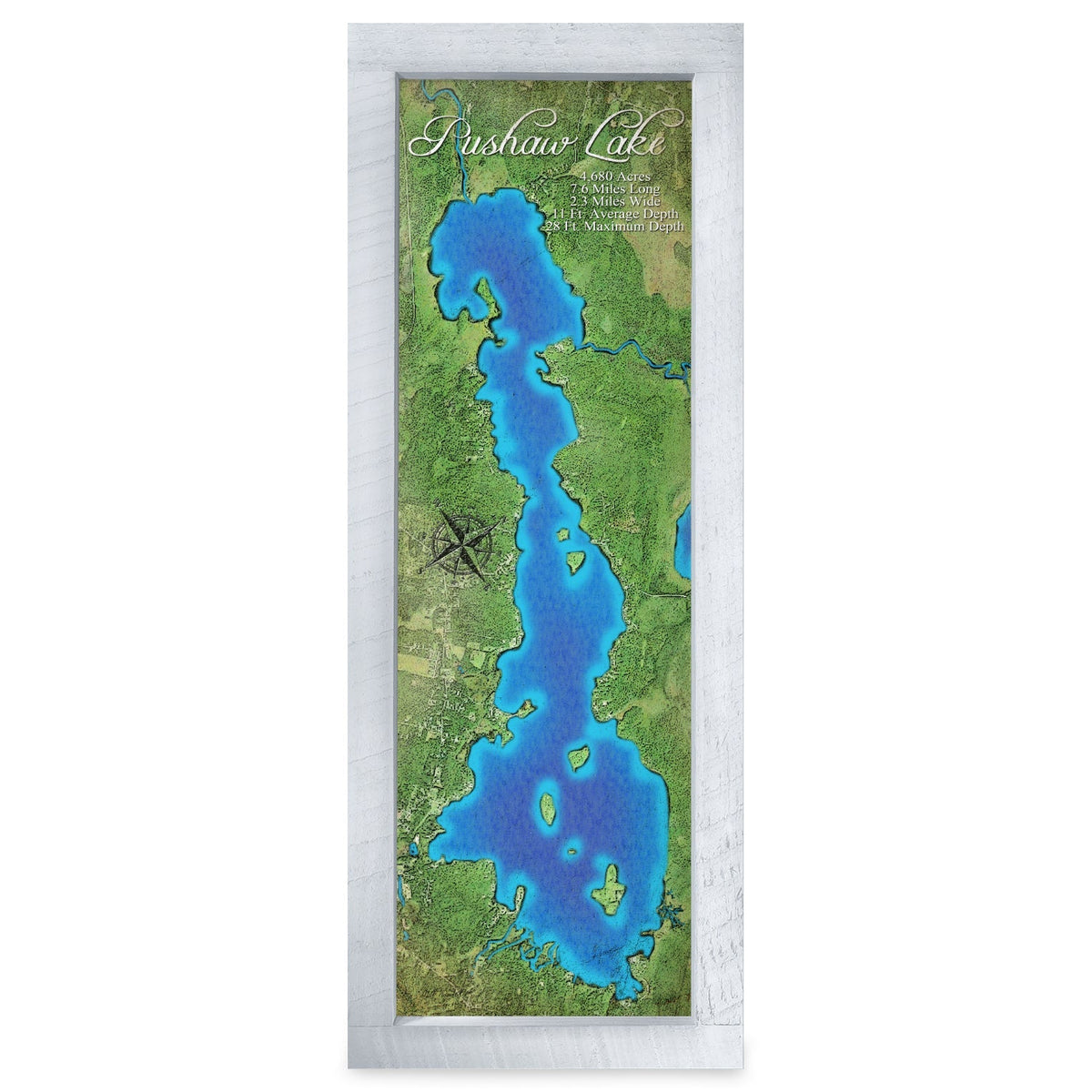 Pushaw Lake, Maine Map | Real Wood Framed Wall Art Print