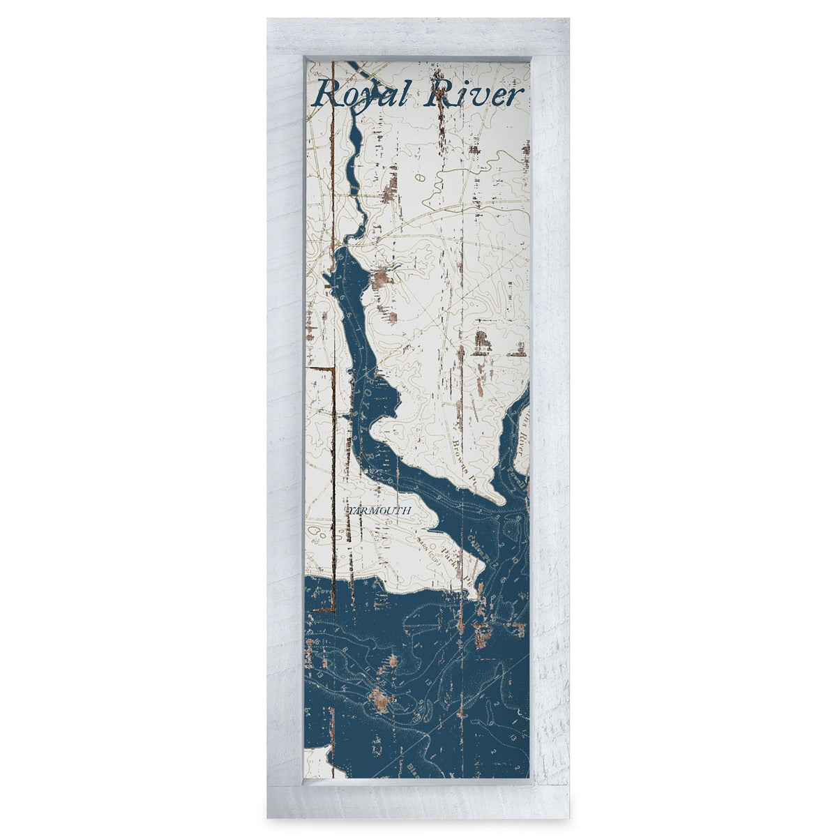 Royal River, Maine Navy & White Shabby Map | Real Wood Framed Wall Art Print