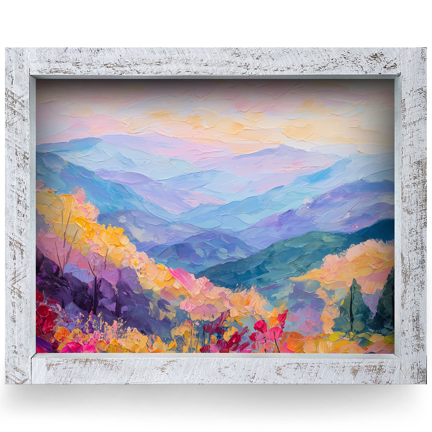 Impasto Fall Mountains | Real Wood Framed Wall Art Print | Horizontal