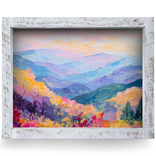 Impasto Fall Mountains | Real Wood Framed Wall Art Print | Horizontal