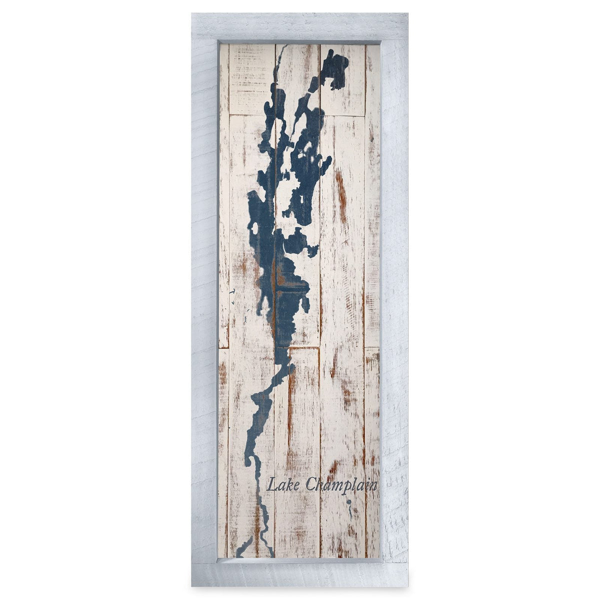 Lake Champlain Navy & White Shabby Map | Real Wood Framed Wall Art Print