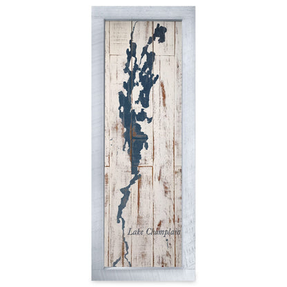 Lake Champlain Navy & White Shabby Map | Real Wood Framed Wall Art Print