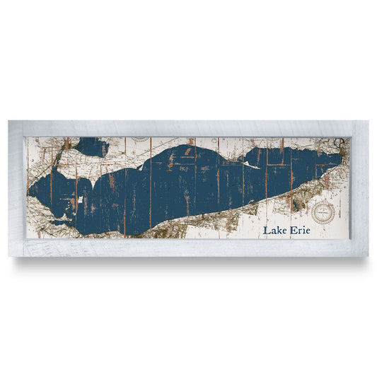 Lake Erie Navy & White Shabby Map | Real Wood Framed Wall Art Print