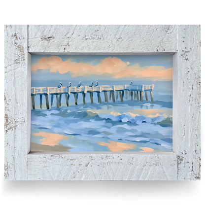 Sunset Pier Pelicans | Real Wood Framed Wall Art Print