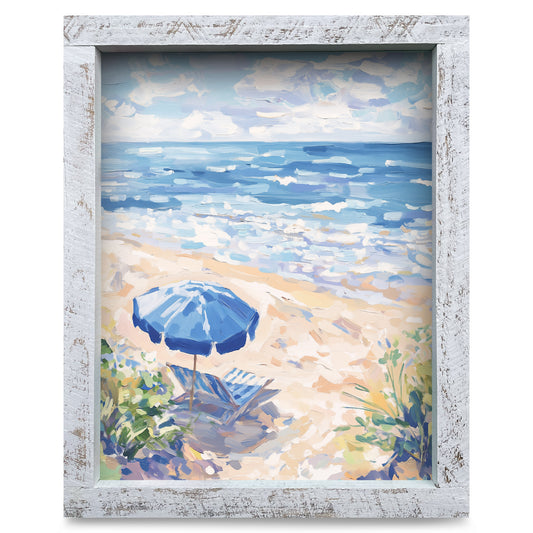 Blue Umbrella Beach Escape | Real Wood Framed Wall Art Print