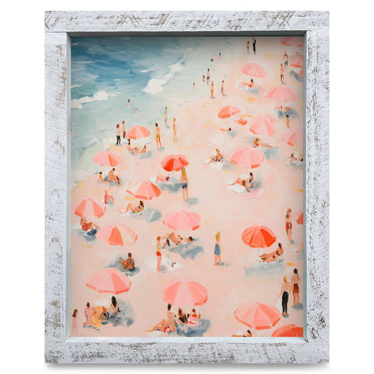 Peachy Beach Umbrellas | Real Wood Framed Wall Art Print