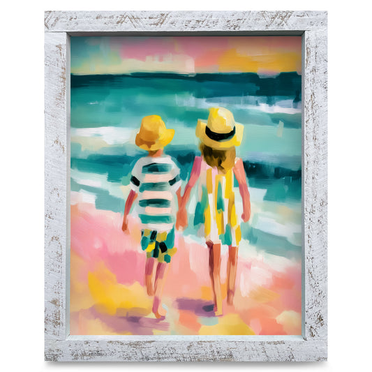 Beachside Siblings | Real Wood Framed Wall Art Print