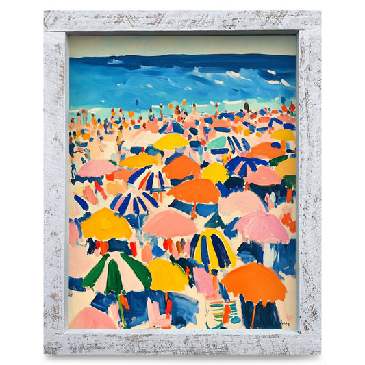 Vibrant Umbrella Beach | Real Wood Framed Wall Art Print