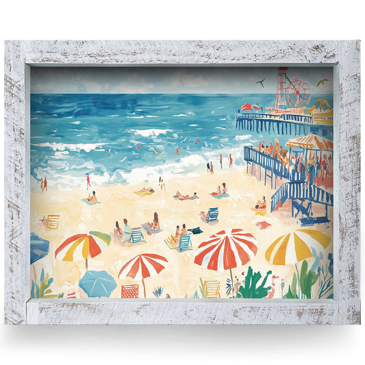 Bustling Beach Boardwalk | Real Wood Framed Wall Art Print | Horizontal