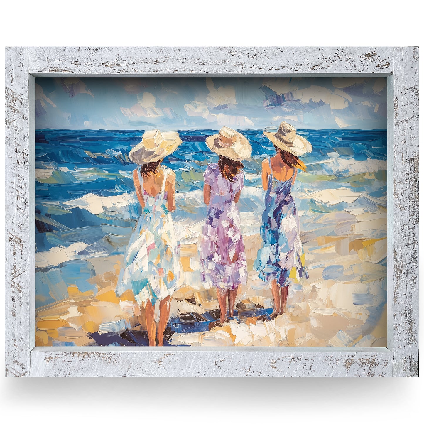 Sisters By The Sea | Real Wood Framed Wall Art Print | Horizontal