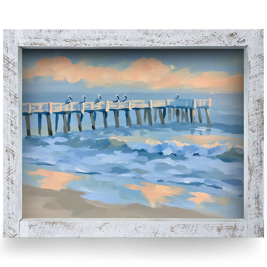 Sunset Pier Pelicans | Real Wood Framed Wall Art Print