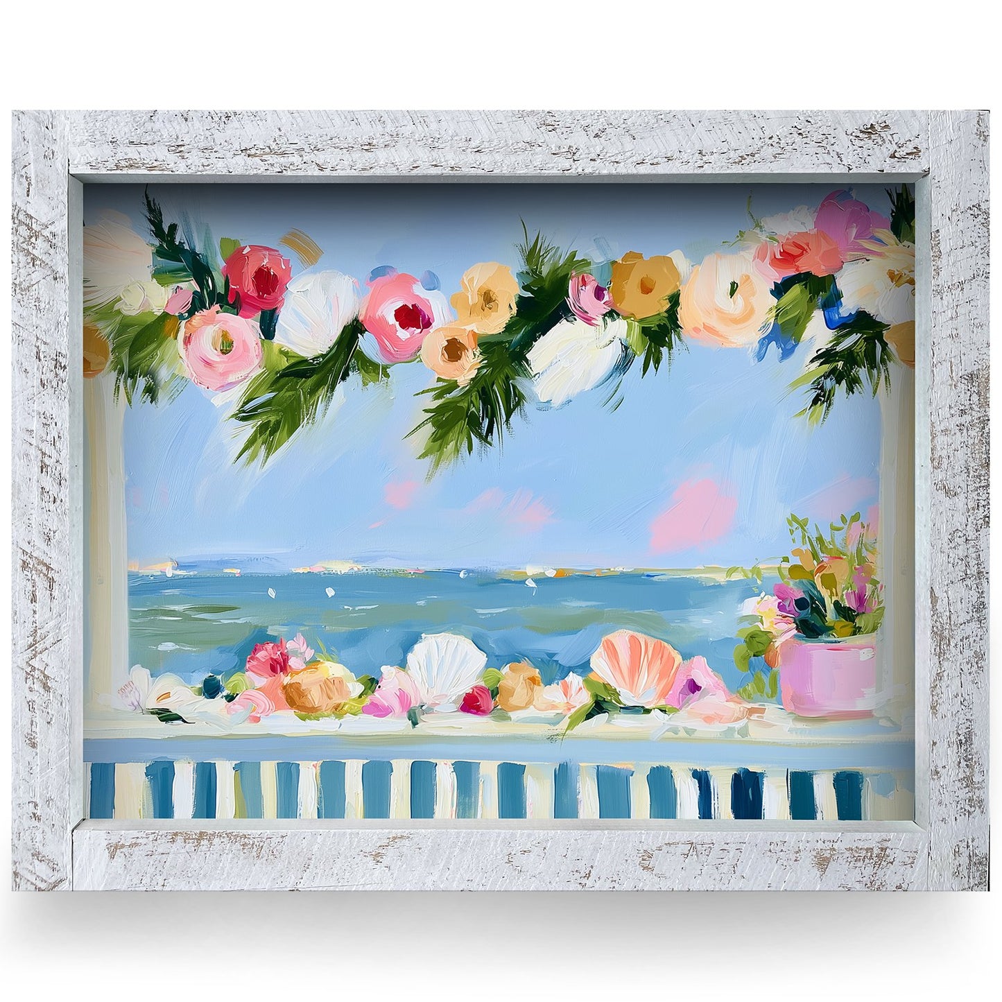 Christmas by the Sea Porch | Real Wood Framed Wall Art Print