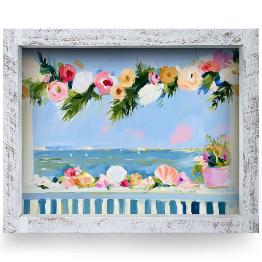Christmas by the Sea Porch | Real Wood Framed Wall Art Print