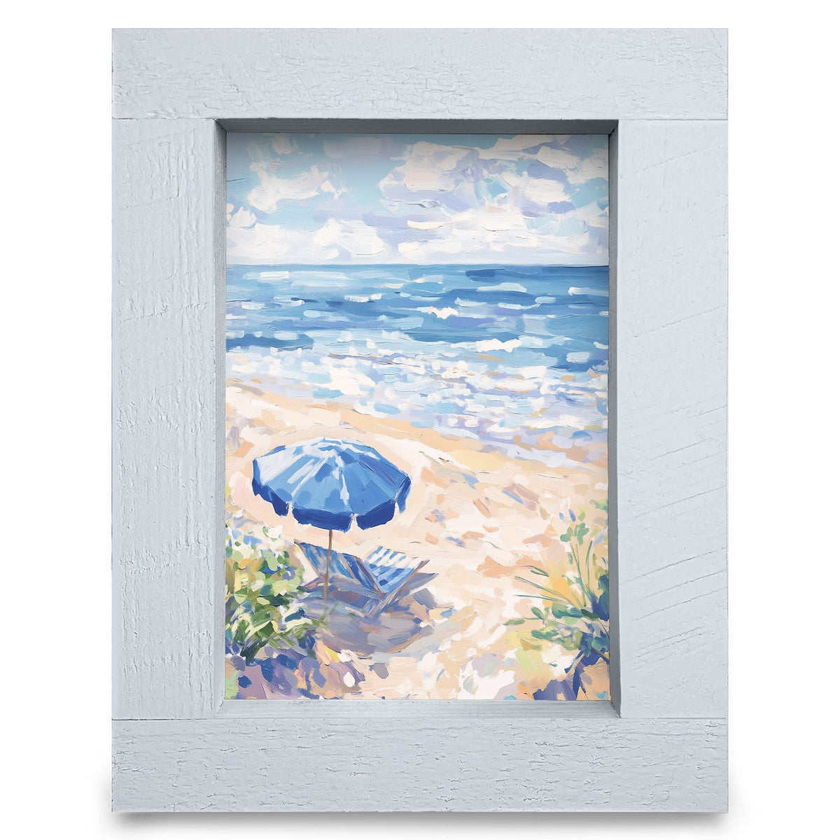 Blue Umbrella Beach Escape | Real Wood Framed Wall Art Print