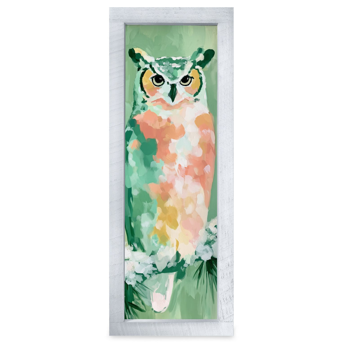 Sage Green Owl | Real Wood Framed Wall Art Print | Skinny
