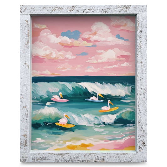 Surfing Pelicans | Real Wood Framed Wall Art Print