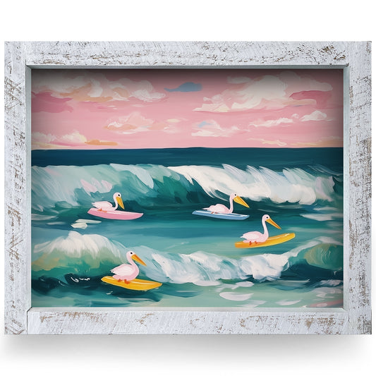 Pelicans Surfing | Real Wood Framed Wall Art Print