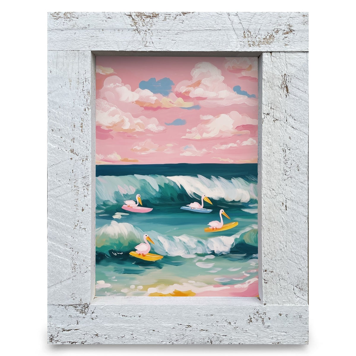 Surfing Pelicans | Real Wood Framed Wall Art Print