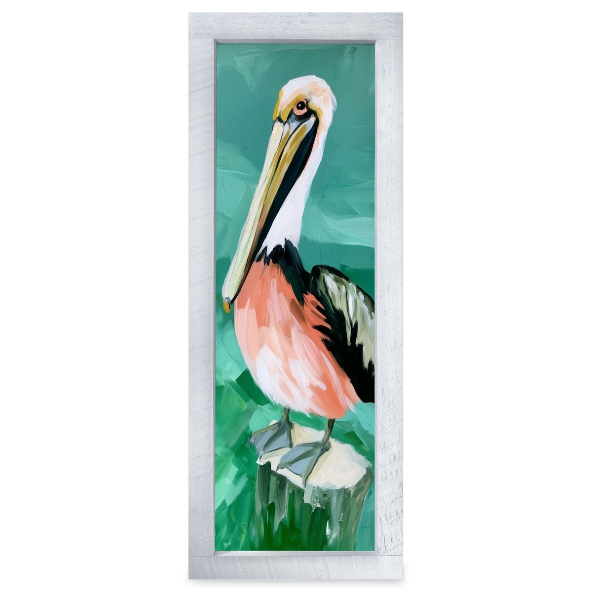 Pelican On A Piling | Real Wood Framed Wall Art Print | Skinny