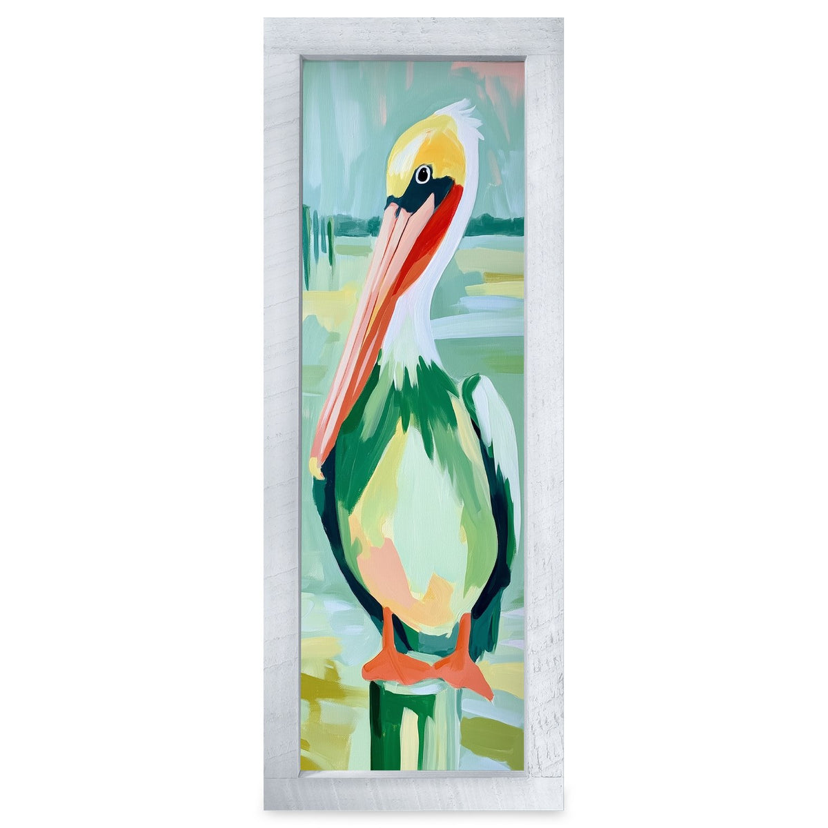 Sea Glass Pelican | Real Wood Framed Wall Art Print | Skinny