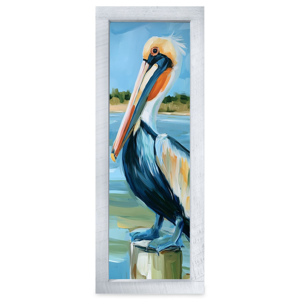 Harbor Pelican Perch | Real Wood Framed Wall Art Print | Skinny