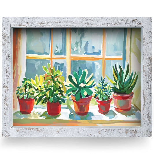 Succulent Window Nook | Real Wood Framed Wall Art Print