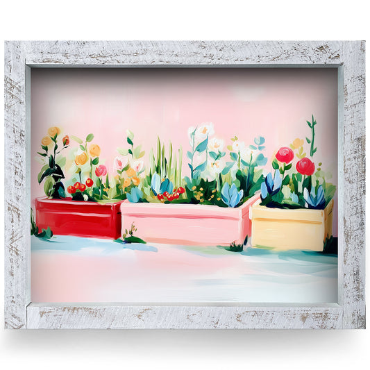 Colorful Flower Boxes | Real Wood Framed Wall Art Print | Horizontal